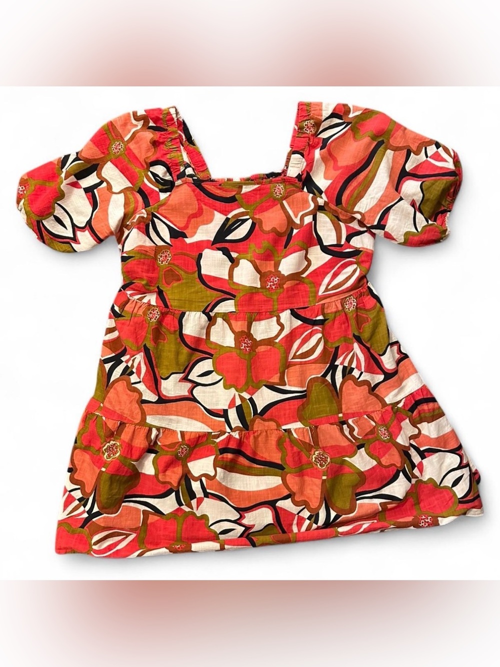 Mlle Gabrielle Floral Puff-Sleeve Dress in Coral, Olive & Cream